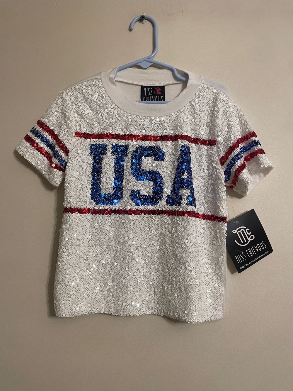 Miss Chievous White Sequin Tee with Blue USA and Red Stripe Accents